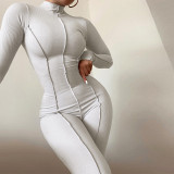 Spring Women's Fashion High Neck Tight Fitting High Waist Zipper Casual Solid Color Sports Jumpsuit
