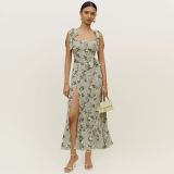 Summer Sexy Strap Slit Dress Fashion Floral Lace-Up Strapless Midi Dress