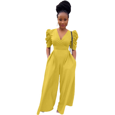 Women's spring and summer pleated v-neck woven loose wide-leg pants Jumpsuit