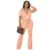 Women's Spring Summer Short Sleeve Zip-Up Jacket Bell Bottom Pants Casual Two-Piece Suit