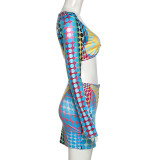 Spring Ladies Low Neck Digital Printing Long Sleeves Slim Fit Casual Skirt Set