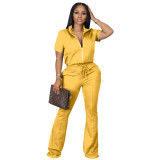 Women's Spring Summer Short Sleeve Zip-Up Jacket Bell Bottom Pants Casual Two-Piece Suit