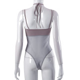 Women'S Spring Mesh Patchwork Sleeveless Halter Straps See-Through Bodysuit