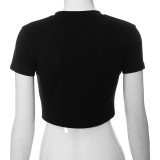 Women'S Fall Beaded Tight Fitting Short Crop Round Neck Short Sleeve T-Shirt