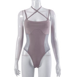 Women'S Spring Mesh Patchwork Sleeveless Halter Straps See-Through Bodysuit