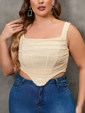Plus Size Women Sexy Mesh Herringbone Square Neck Pleated Backless Top