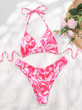 Women Sexy Print Lace Up Backless Bikini swimwear