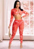 Women Clothing Tie Dye Print Hollow Out Mesh Crop Top And Pant Two-Piece Set