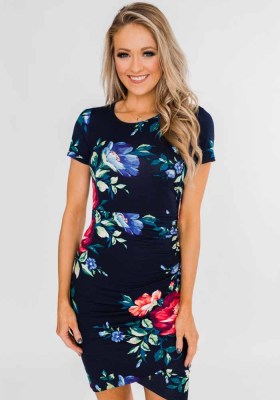 Women Cropped Round Neck Print Short Sleeve Dress