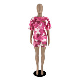 Women Summer Camouflage Print Loose Top and Shorts Two-Piece Set