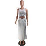 Women Sexy Pleated Crop Top and Skirt Two-Piece Set