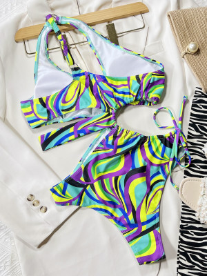 Women Bikini solid color hollow drawstring one-piece swimwear