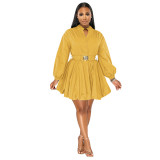 Women Solid Color Stand Collar Long Sleeve Tunic Dress