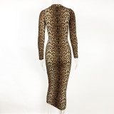 Autumn and winter Women fashion leopard print long-sleeved sexy slim dress