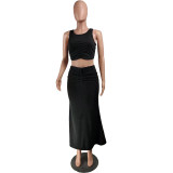 Women Sexy Pleated Crop Top and Skirt Two-Piece Set