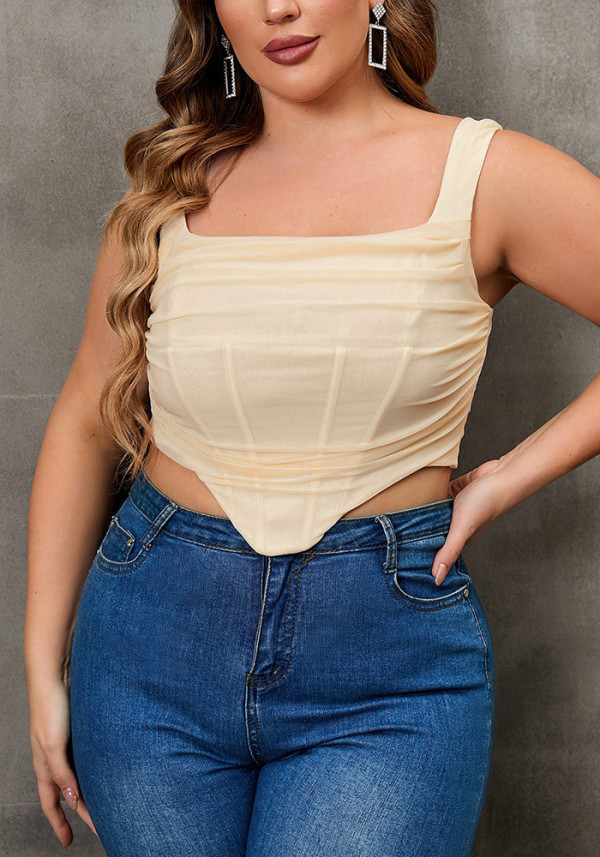 Plus Size Women Sexy Mesh Herringbone Square Neck Pleated Backless Top
