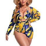 Plus Size Three-Piece Swimwear Multicolor Printed Mesh Cover-Up Bikini