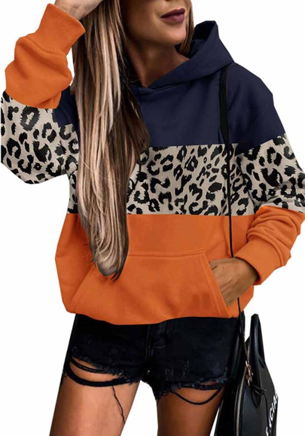Women's Leopard Patchwork Hoodie Winter Casual Versatile Color Block Hoodies