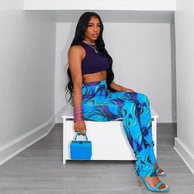 Summer Print Long Elastic Waist Pile Casual Pants