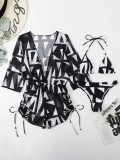 Skirt printed swimsuit women cover belly bikini long sleeve mesh Three-Piece swimsuit