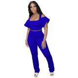 Women's Clothes Solid Color Irregular Short-sleeved Trousers Sports Suit Two-piece Cotton