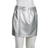 Spring Solid Color Basic Bright Leather High Waist Slim Fit Slim Waist Skirt