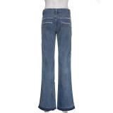 American Retro Style Star Print Asymmetric Denim Pants Women'S Straight-Leg Jean Pants Women'S Trousers