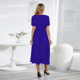 Summer V Neck Short Sleeve Ladies Fit Chic Pleated Long Dress