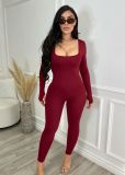 Women'S Solid Color Square Neck Backless Long Sleeve Yoga Fitness Jumpsuit