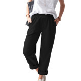 Women'S Summer Solid Color Casual Elastic High Waist Straight Leg Trousers