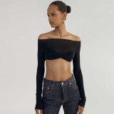 Spring Summer Women'S Off Shoulder See-Through Long Sleeve Cropped Top