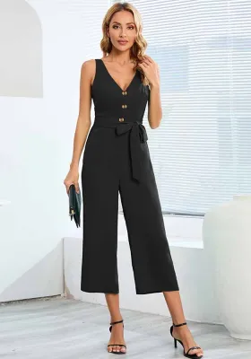 Women'S Fashion Sexy Slim Chic Sleeveless Button V-Neck Straight Leg Jumpsuit