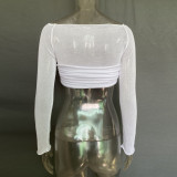 Spring Summer Women'S Off Shoulder See-Through Long Sleeve Cropped Top