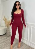 Women'S Solid Color Square Neck Backless Long Sleeve Yoga Fitness Jumpsuit