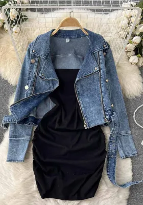 Fashionable Style Suit Women'S Short Denim Coat Jacket Straps Bodycon Dress Two-Piece Set