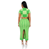 Spring Ladies Ribbed Plaid Stripe Cropped Top Skirt Two Piece Set