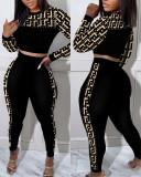 Ladies Fashion Contrast Print Casual Round Neck Long Sleeve Two Piece Pants Set