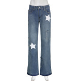 American Retro Style Star Print Asymmetric Denim Pants Women'S Straight-Leg Jean Pants Women'S Trousers