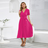 Summer V Neck Short Sleeve Ladies Fit Chic Pleated Long Dress