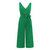 Women'S Fashion Sexy Slim Chic Sleeveless Button V-Neck Straight Leg Jumpsuit