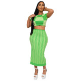 Spring Ladies Ribbed Plaid Stripe Cropped Top Skirt Two Piece Set