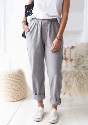 Women'S Summer Solid Color Casual Elastic High Waist Straight Leg Trousers