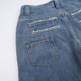 American Retro Style Star Print Asymmetric Denim Pants Women'S Straight-Leg Jean Pants Women'S Trousers