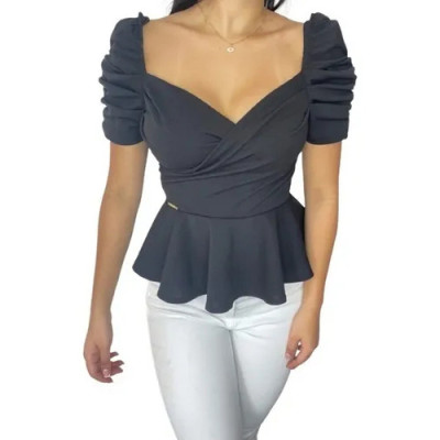 Ladies Solid V-Neck Puff Sleeve Shirt