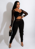 Women'S Long Sleeve Mesh Sexy Casual Two Piece Pants Set