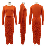 Fall Sexy Long Sleeve Round Neck Crop Top And Long Dress Set