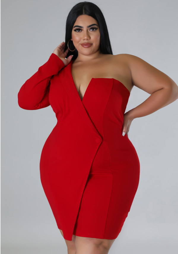 Plus Size Women'S Summer One Sleeve Solid Tight Fitting Sexy Formal Dress