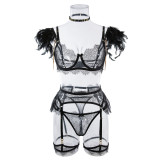 Sexy Lingerie Feather Patchwork Sexy Metal Chain Four-Piece Set