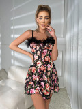 Sexy Mesh Patchwork Strap Pajamas Lingerie Floral Sexy Nightdress