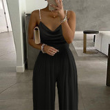 Sexy V-Neck Low Back Pearl Straps Wide Leg Sleeveless Wide Leg Trousers Jumpsuit